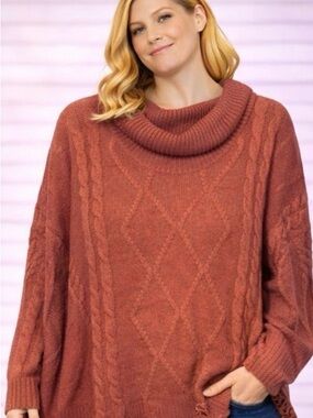 Womens Plus Size Rust Orange Cowl Neck Sweater with Distressed Details - Size 3X
